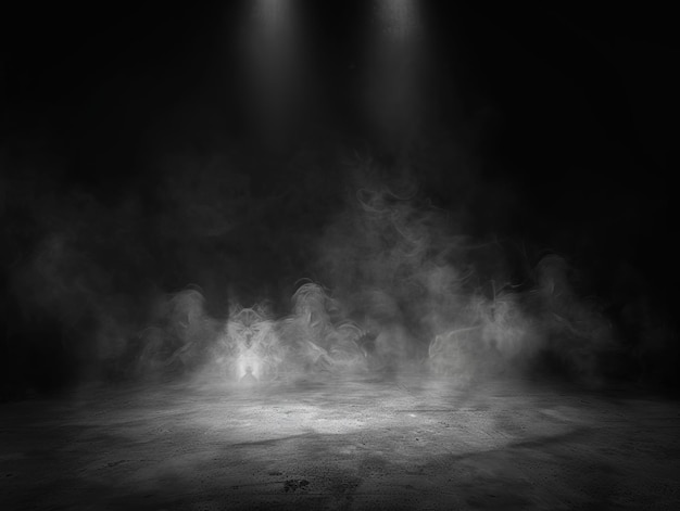 Intérieur grunge abstrait avec fumée Fond noir avec un projecteur sur le sol Poussière et fumée