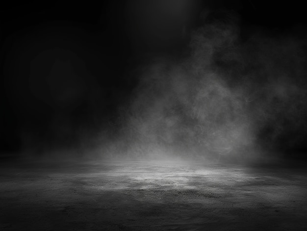 Intérieur grunge abstrait avec fumée Fond noir avec un projecteur sur le sol Poussière et fumée