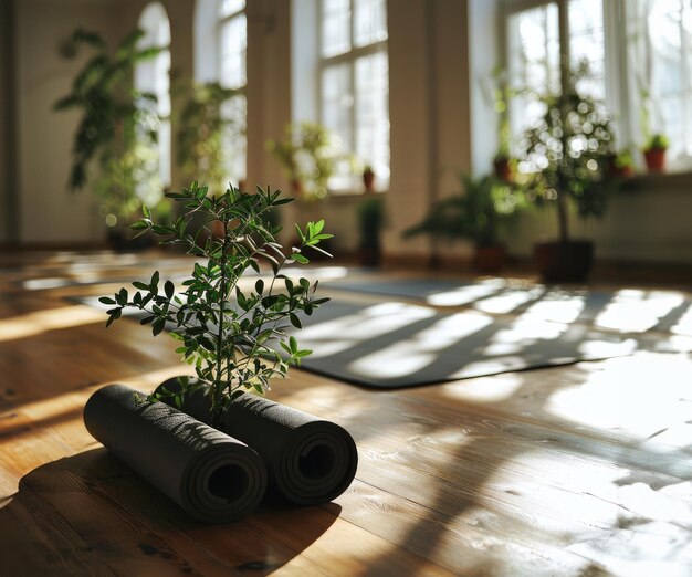 Photo intérieur de gymnase de yoga moderne avec équipement de tapis de yoga non enroulés