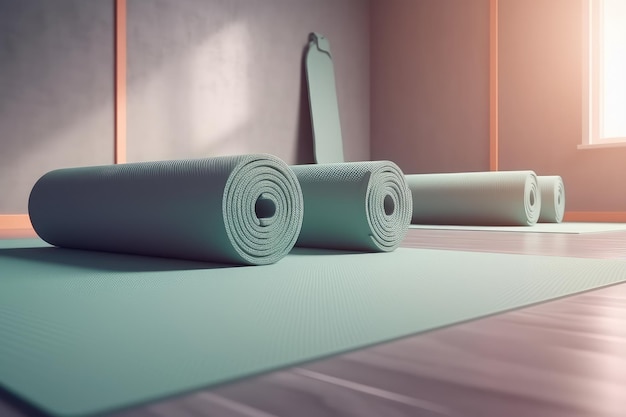 Intérieur de gymnase de yoga moderne avec équipement de tapis de yoga non enroulés