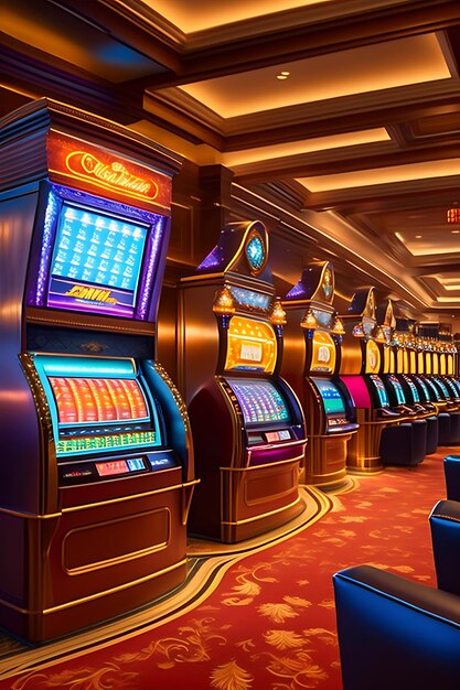 L'intérieur d'un hôtel-casino, des machines à sous, du poker et du blackjack.