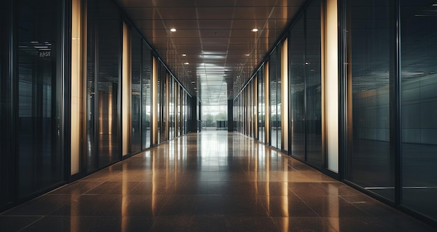 Photo intérieur d'un immeuble de bureaux avec un long couloir et des portes corridor de bureau vide avec des lampes et des décorations en verre