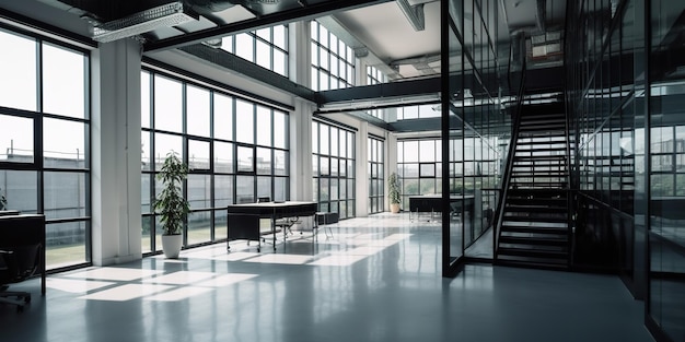 Intérieur d'un immeuble de bureaux moderne avec des cadres de murs en verre Generative Ai