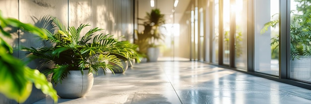 L'intérieur d'un immeuble de bureaux moderne avec des plantes vertes, un design élégant et un éclairage naturel brillant