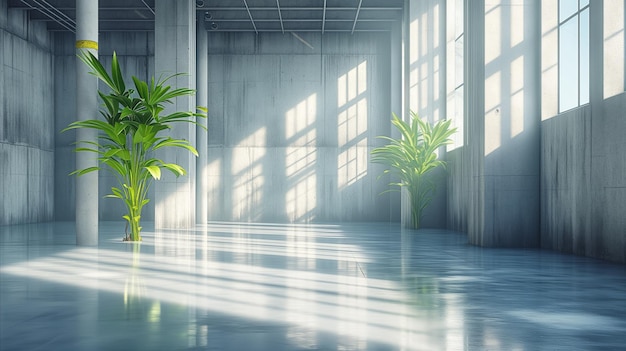 Photo intérieur industriel moderne avec des éléments naturels et de la lumière du soleil