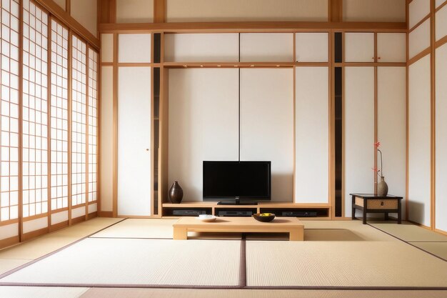 Intérieur japonais moderne avec des accents en bois et un éclairage ambiant confortable