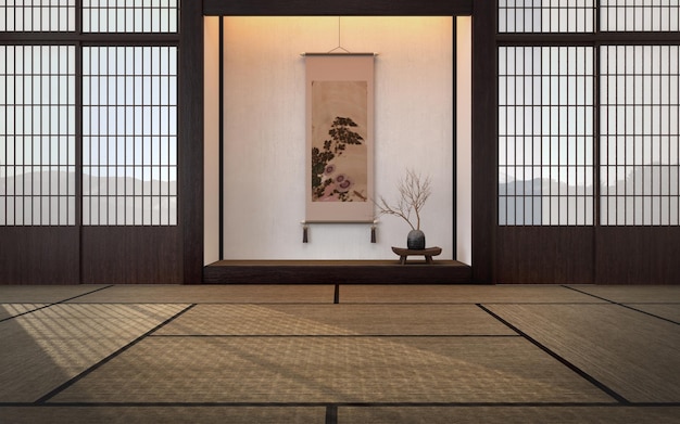 Intérieur japonais traditionnel de la salle vide avec tatamis et lumière du soleil