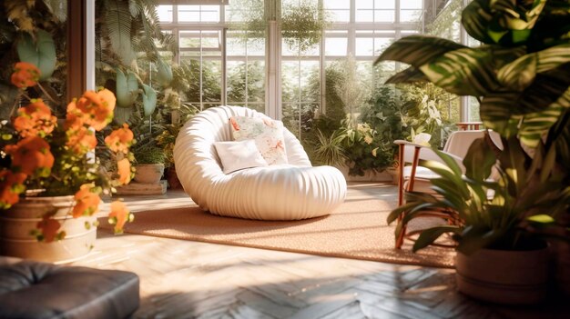 Intérieur de jardin d'hiver avec piscine et chaise de pont