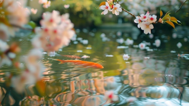 À l'intérieur d'un jardin zen tranquille, un petit étang de koi reflète les couleurs vives des cerises environnantes.