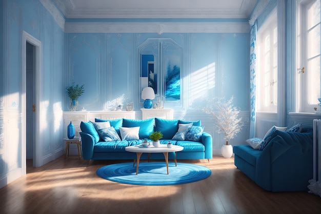 intérieur de la jolie chambre bleue