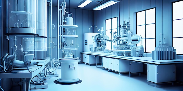 Intérieur de laboratoire biologique ou biochimique moderne atmosphère bleue propre ai générative