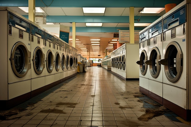 Intérieur d'une laverie avec comptoir et machines à laver Une rangée de machines à laver industrielles dans une laverie publique Une laverie publique sale