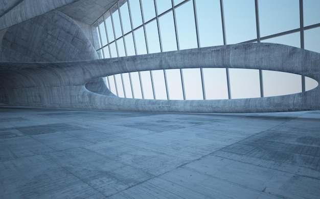 Intérieur lisse en béton architectural abstrait d'une maison minimaliste avec éclairage au néon 3D