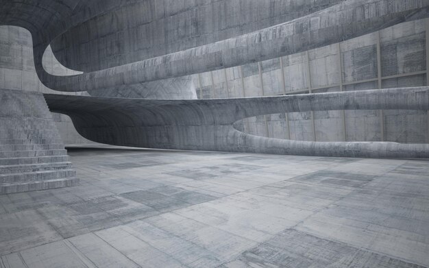 Intérieur lisse en béton architectural abstrait d'une maison minimaliste avec éclairage au néon 3D