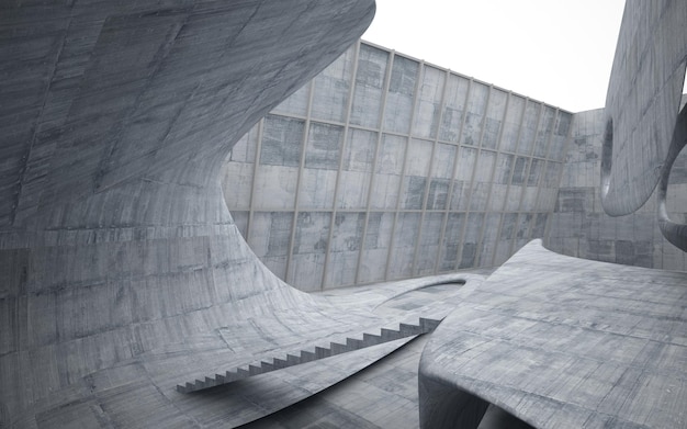 Intérieur lisse en béton architectural abstrait d'une maison minimaliste avec éclairage au néon 3D