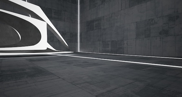 Intérieur lisse en béton architectural abstrait d'une maison minimaliste avec éclairage au néon 3D