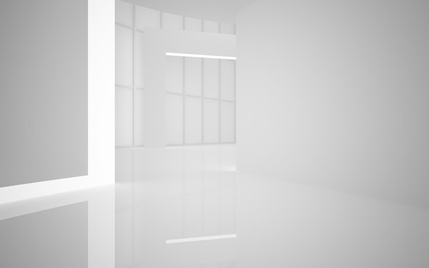 Intérieur lisse blanc architectural abstrait d'une maison minimaliste avec de grandes fenêtres 3D