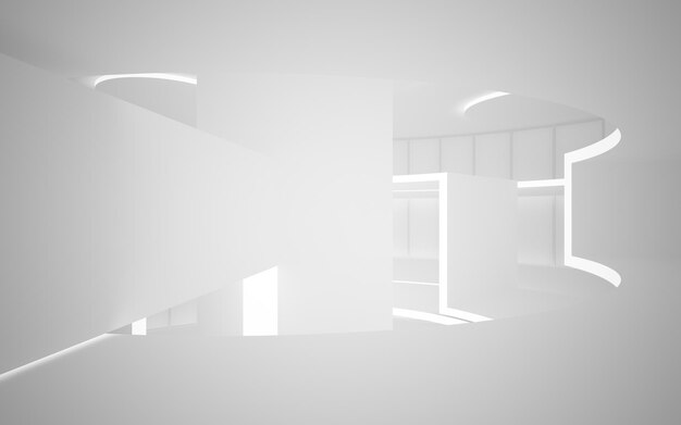 Intérieur lisse blanc architectural abstrait d'une maison minimaliste avec de grandes fenêtres 3D