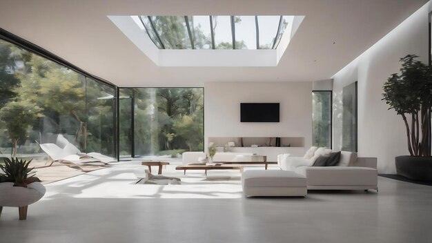 Intérieur lisse blanc architectural abstrait d'une maison minimaliste avec de grandes fenêtres