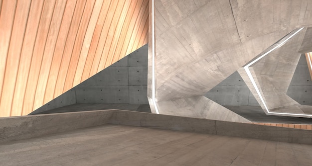 Intérieur lisse en bois et en verre de béton architectural abstrait d'une maison minimaliste