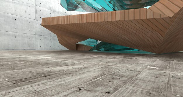 Intérieur lisse en bois et en verre de béton architectural abstrait d'une maison minimaliste