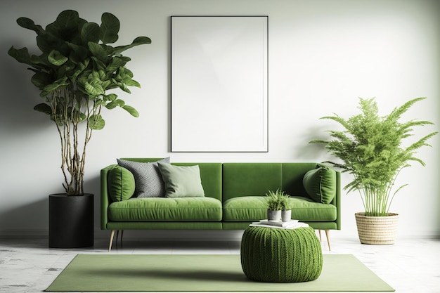 Un intérieur de loft attrayant comprend un canapé vert, un pouf design, une maquette d'affiche