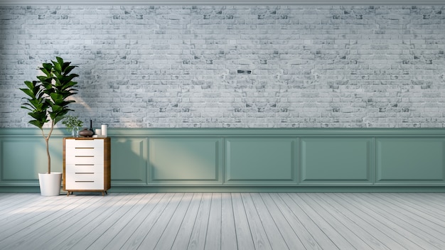 Intérieur de loft Vintage, usine et bois sur plancher de bois et mur de briques blanches / 3d r