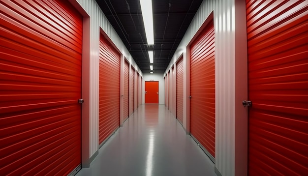 À l'intérieur d'une longue rangée de portes de couleur rouge d'une installation de stockage moderne et propre AI générative