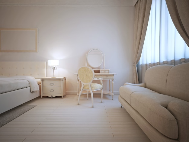 Intérieur lumineux de la chambre d'hôtes avec coiffeuse et canapé