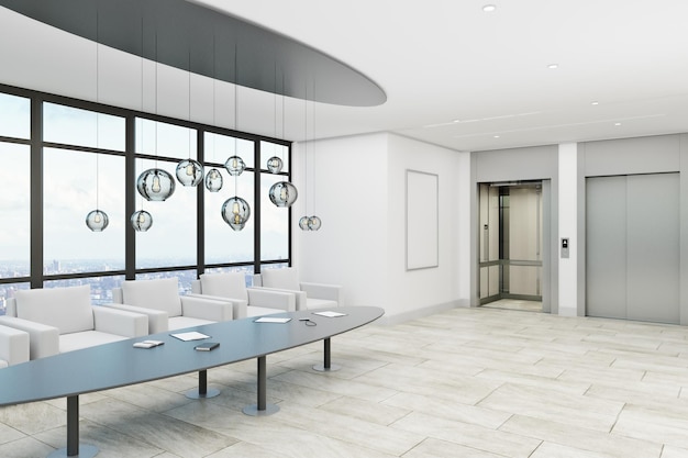 Intérieur lumineux de la chambre d'hôtes avec vue sur la ville et meubles 3D Rendering