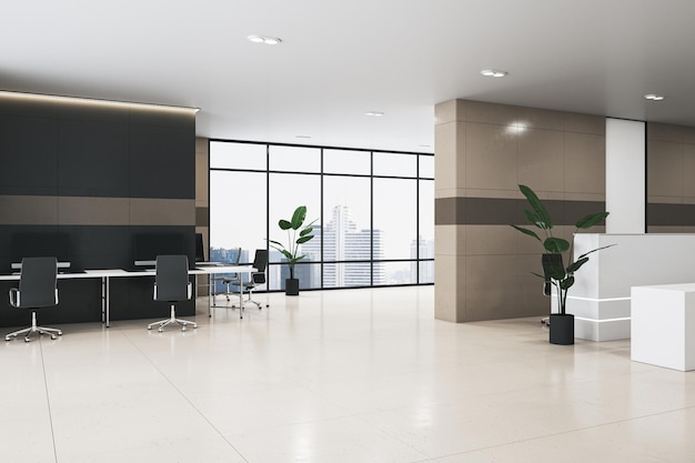 Intérieur lumineux du hall de bureau avec fenêtre de réception de meubles avec vue sur la ville et carrelage Rendu 3D