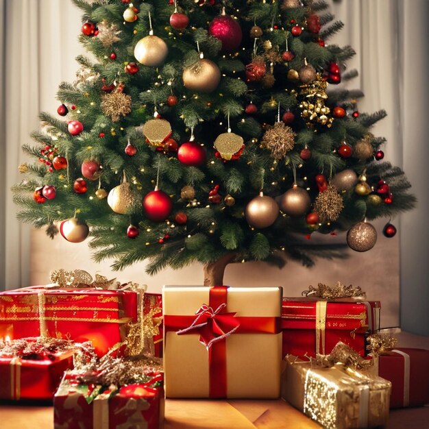 Photo l'intérieur lumineux du nouvel an de noël décoré d'un sapin avec des guirlandes et des boules