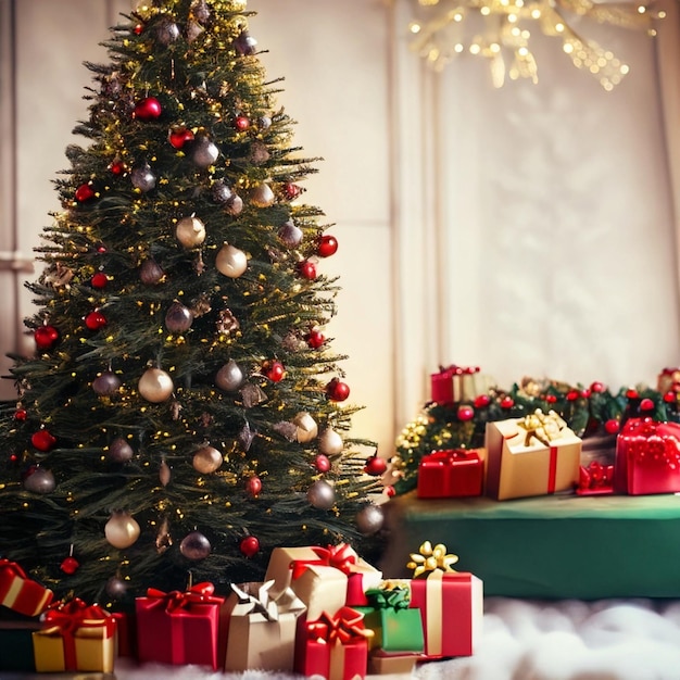 L'intérieur lumineux du Nouvel An de Noël décoré d'un sapin avec des guirlandes et des boules