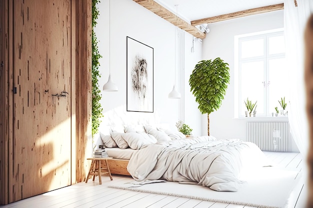 Intérieur lumineux écoresponsable avec décorations en bois et plantes de lampe de chevet