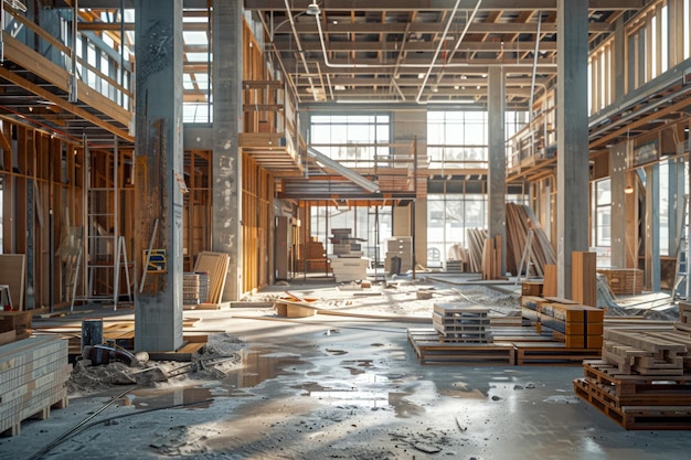 L'intérieur lumineux d'un grand chantier industriel avec une charpente et un échafaudage en bois