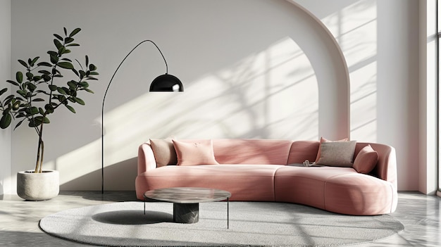 Intérieur lumineux moderniste avec un canapé rose une lampe de sol noire et une table à café ronde en métal