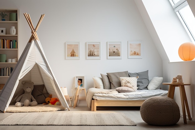 Intérieur lumineux et naturel de la chambre d'enfants avec des meubles en bois, des équipements de conception et une affiche sur un mur blanc