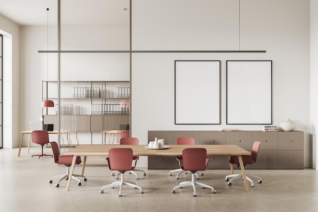 Intérieur lumineux de la salle d'affaires avec zone de conférence et de coworking Cadres de maquette