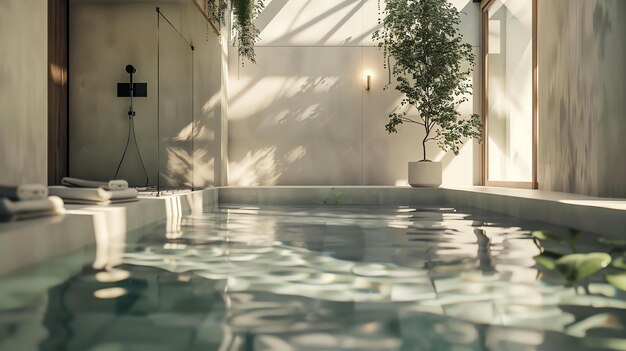 L'intérieur lumineux de la salle de bain avec de grandes plantes de baignoire et de la lumière du soleil entrant par la fenêtre