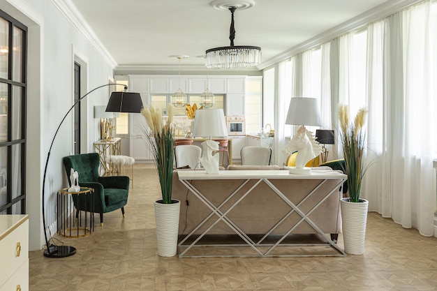 Intérieur de luxe d'un appartement moderne aux couleurs vives avec un mobilier élégant, une cuisine, une chambre et un salon sans murs
