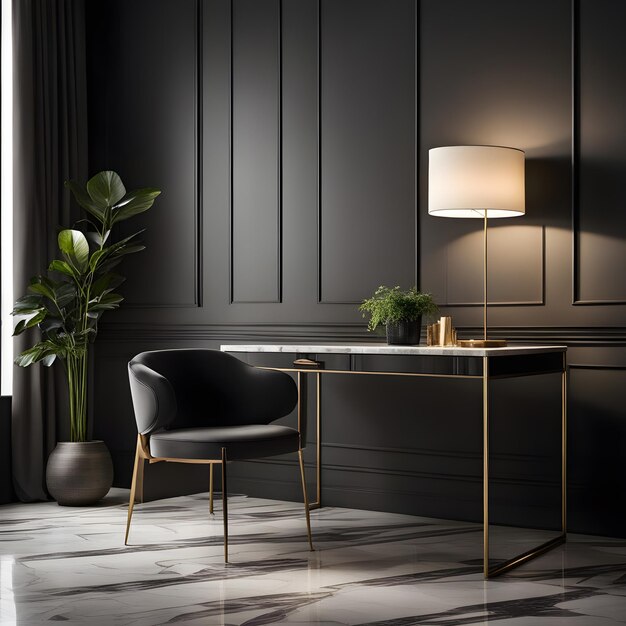 intérieur de luxe bureau moderne et mur noir avec lumière naturelle et plante