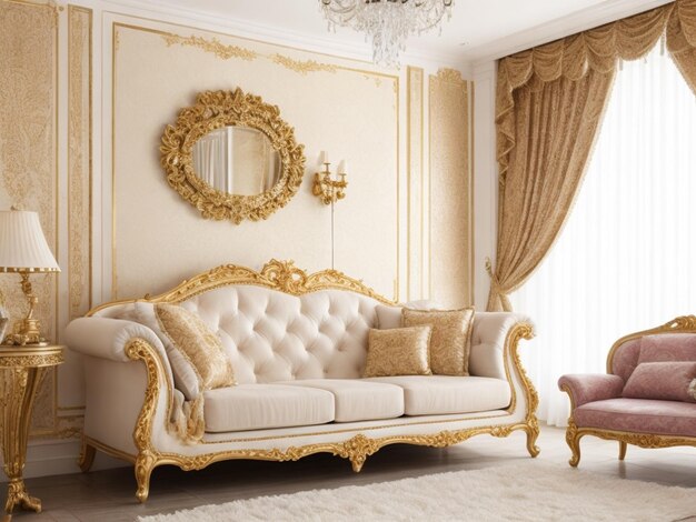 Intérieur de luxe du salon avec des meubles en or