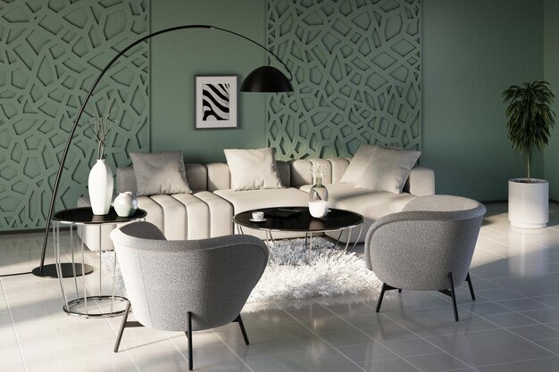 Photo intérieur de luxe élégant et confortable d'un appartement moderne avec un mobilier beige clair contemporain simple, une lampe noire et des tables basses et de beaux murs vert pastel journée avec des rayons de soleil à l'intérieur du salon