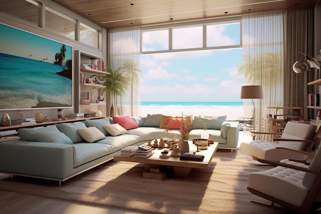 Intérieur de luxe de la maison de plage avec vue sur la mer générative ai