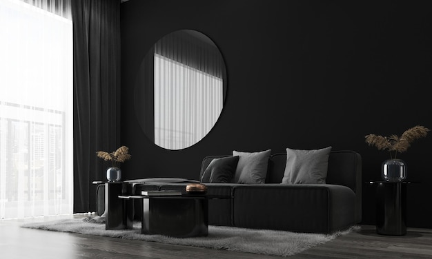 Photo intérieur de luxe moderne du salon avec un canapé noir confortable et un miroir et un mur noir vide