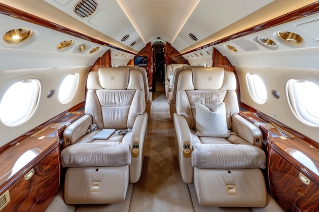 L'intérieur luxueux d'un avion privé avec des sièges en cuir et des accents en bois