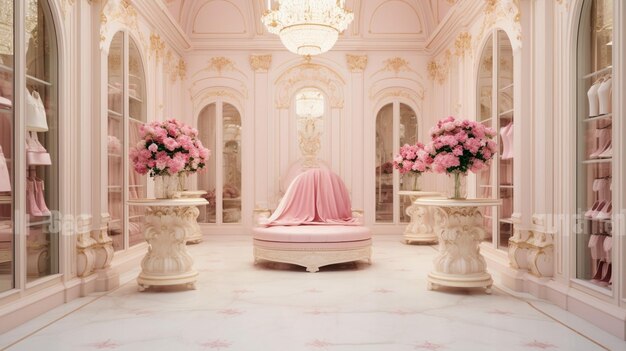 intérieur luxueux d'une grande pièce dans des couleurs roses avec des meubles coûteux riches en fleurs