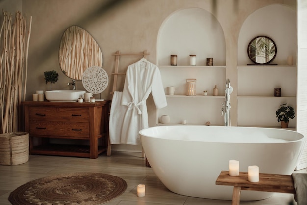 Photo l'intérieur luxueux d'une grande salle de bain de style africain moderne avec une baignoire ovale dans un éclairage naturel