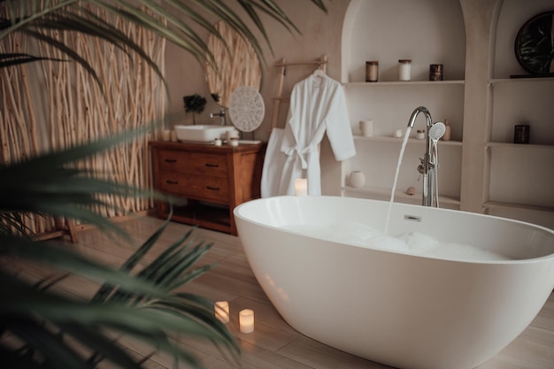 L'intérieur luxueux d'une grande salle de bain de style africain moderne avec une baignoire ovale dans un éclairage naturel