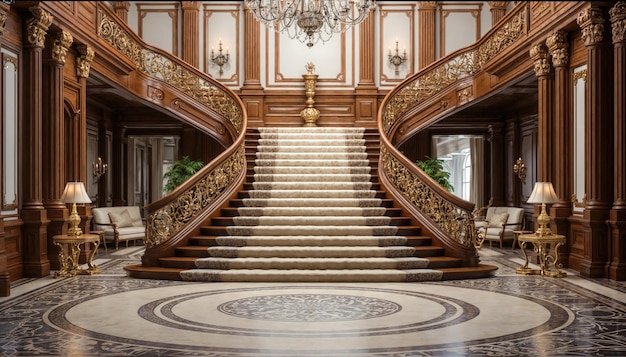 L'intérieur luxueux d'un palais classique avec un escalier 3D